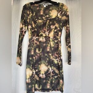 Topshop Olive & Yellow Tie-Dye Long Sleeve Mini Dress